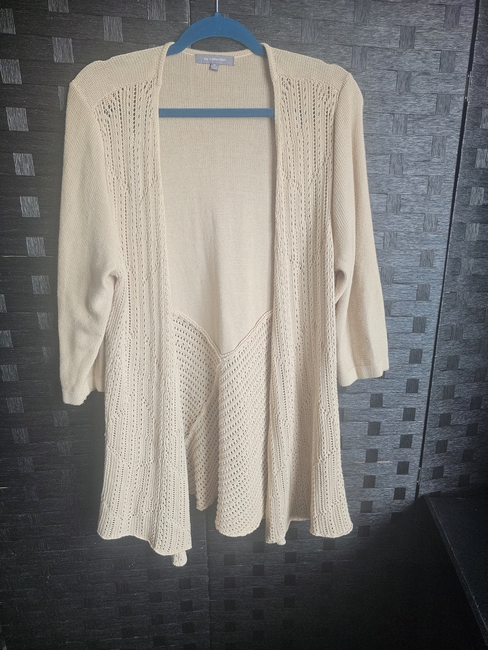 NY Collection Cream Open-Front Knit Cardigan with Lace Panels